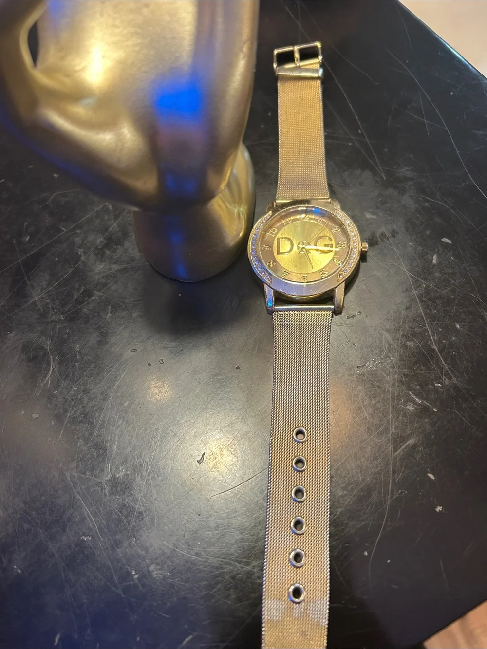 D&G Gold-Tone Mesh Bracelet Watch with Crystal Accents